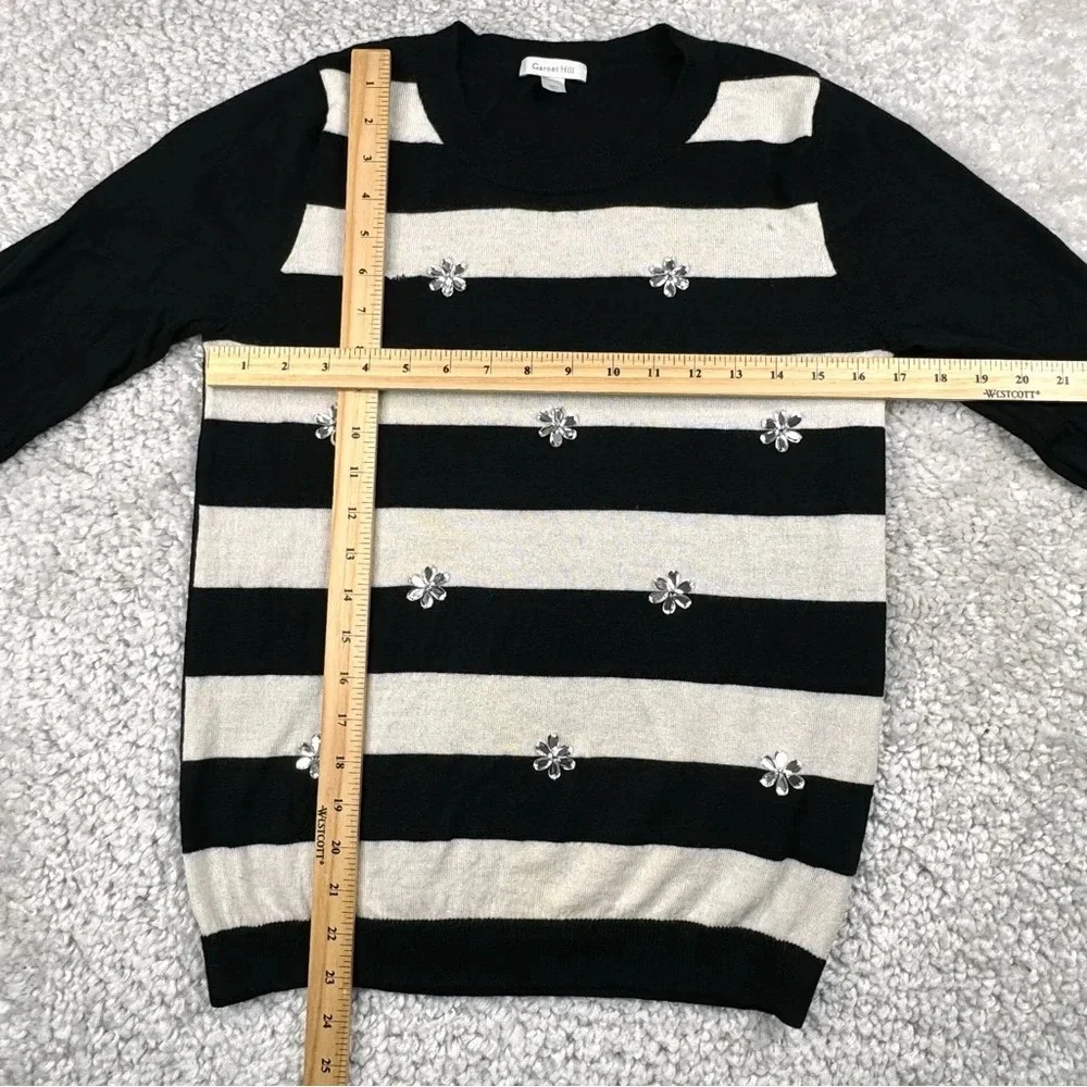 Garnet Hill 100% Wool Rhinestone Flower Striped Shirt. Black and Tan. Small